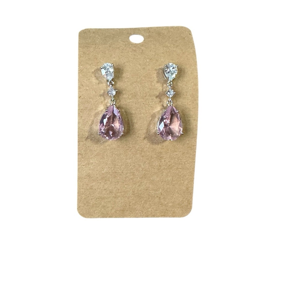 Pink Crystal Pear Drop Earrings Silver Tone Clear Stone Dangle Wedding Formal - Picture 1 of 2